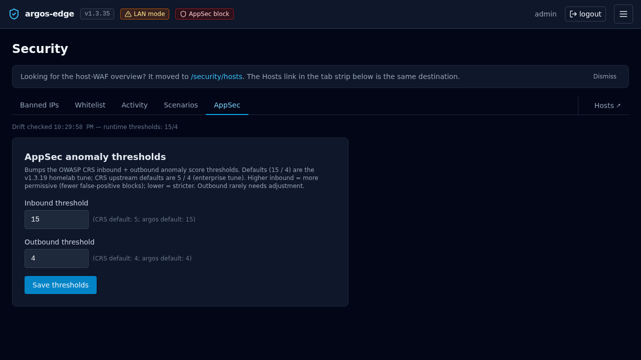 AppSec tab with mode selector and a table of rules with hits and severity
