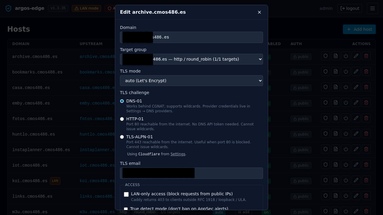 Host creation form with domain, target group, TLS mode, TLS email, and enabled toggle