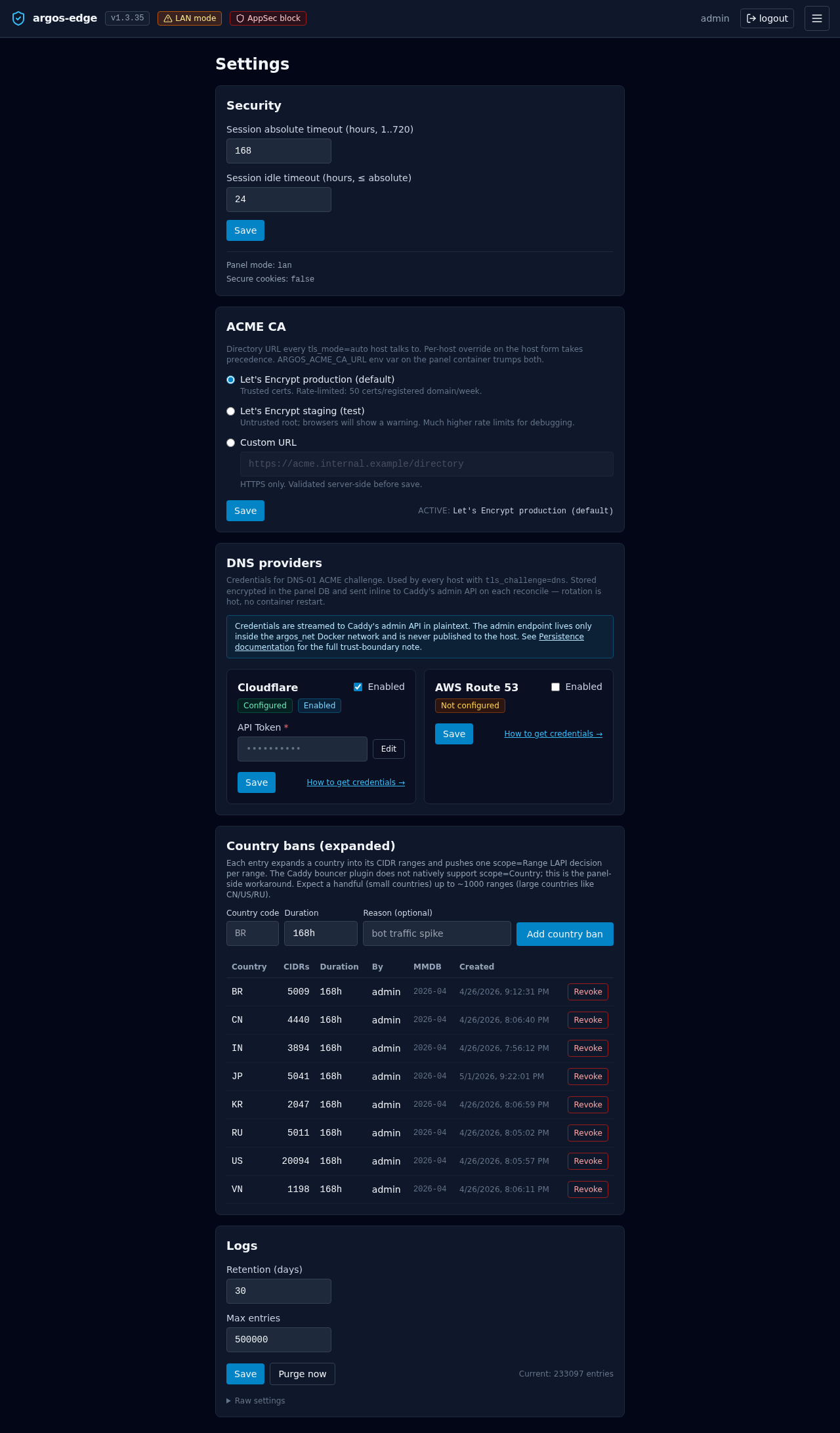Settings tab with Security section showing session absolute timeout and idle timeout fields plus panel mode / secure cookies info, and a Logs section with retention days, max entries, save and Purge now buttons