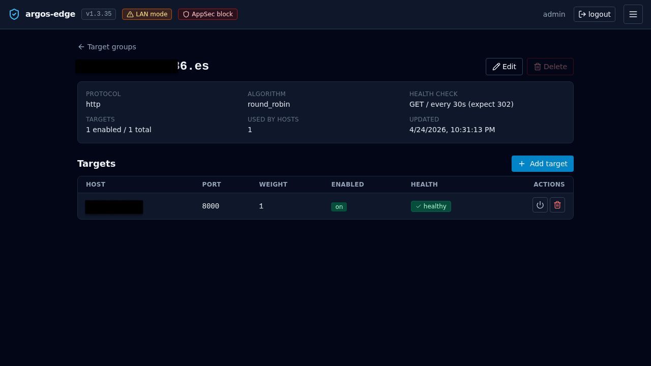 Target group detail page with one target listed at 10.0.0.42:8080