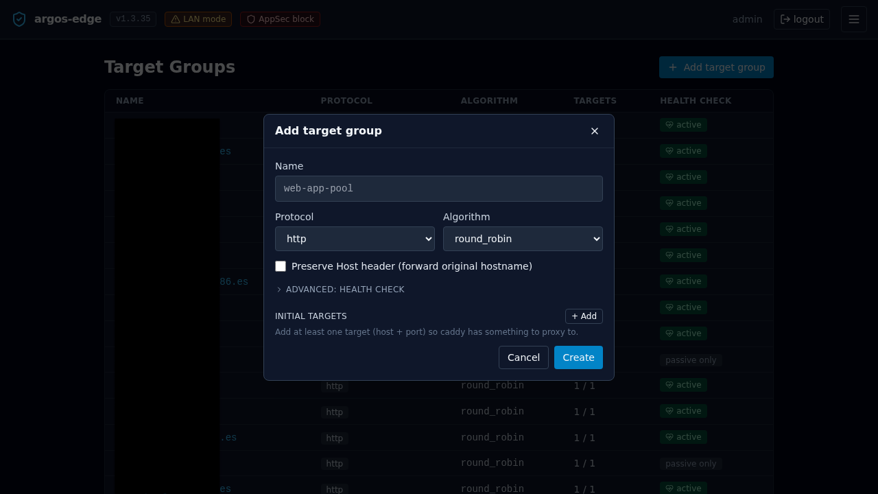 Target group creation form with name, protocol, verify TLS, algorithm, and health check fields