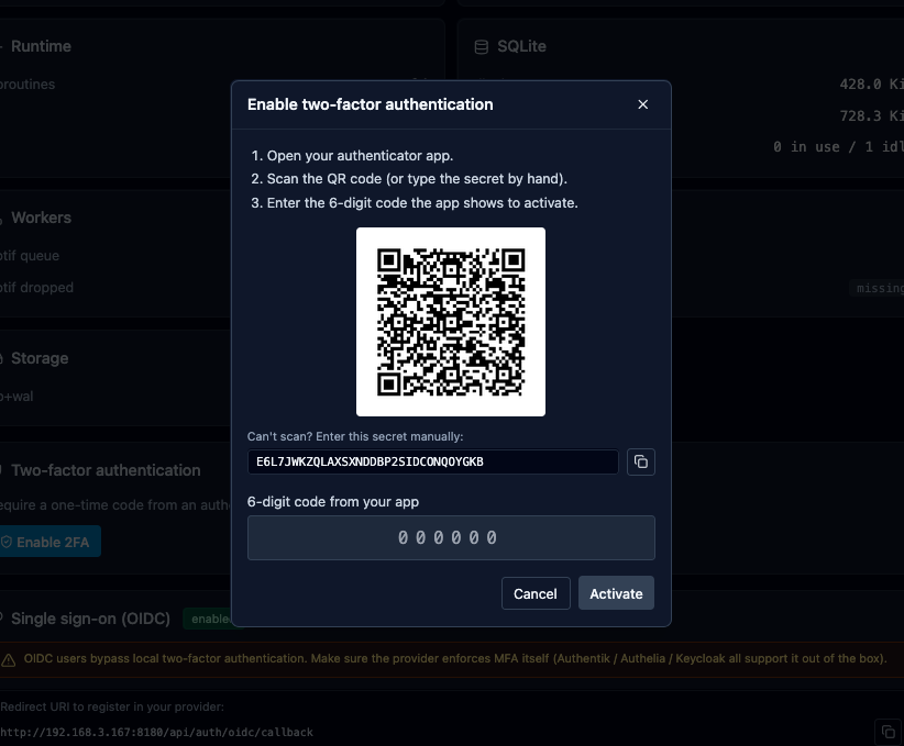 TOTP setup dialog showing QR code, secret string, and 10 recovery codes